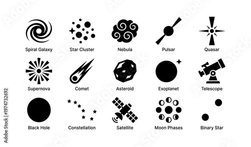 Astronomy symbols: spiral galaxy, star cluster, nebula, pulsar, and more