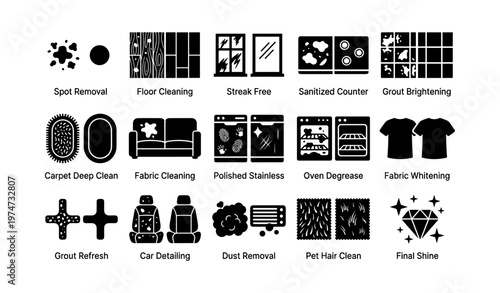 Household cleaning icons: floor, grout, fabric, oven, pet hair, car detailing
