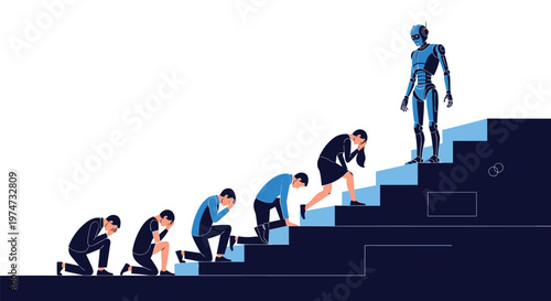 Group of people bowing or kneeling on stairs that lead up to a futuristic robot symbolizing the rise of artificial intelligence.
