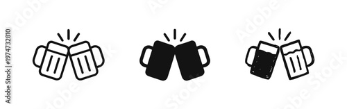 Clinking beer mugs icon set for celebration in outline, solid, and doodle styles on white background