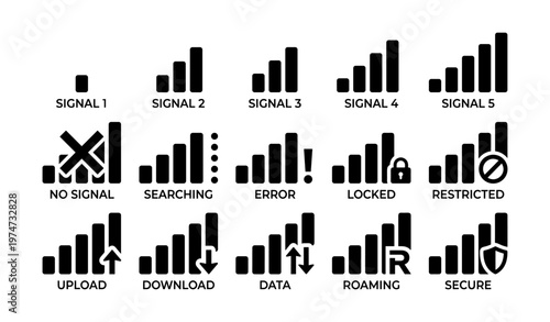 Signal strength icons set with connectivity status indicators