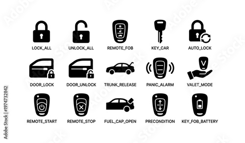 Car key functions and symbols: unlock, lock, remote, panic alarm, valet mode