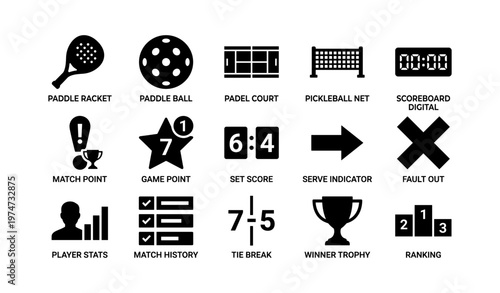 Pickleball equipment and gameplay icons: paddle, ball, court, net, scoreboard, match point, game point