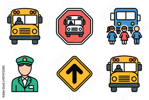 School Bus Icons Safety and Driver Elements Flat Vector Illustration for Education Transport