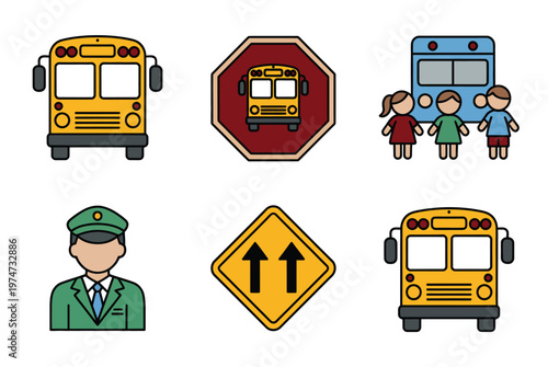 Flat Design School Bus Icons Set Safety Signs Driver Elements Vector Illustration