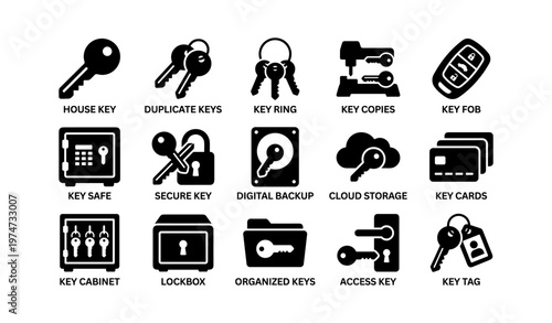 Variety of key types and storage solutions icons collection