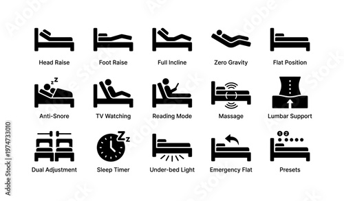 Adjustable bed icon set displaying various comfort and sleep positions
