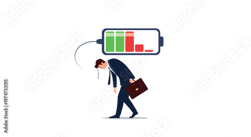 Exhausted businessman carrying a briefcase with a low battery icon above his head representing burnout and fatigue at work.