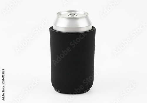A standard aluminum beverage can inside a simple black neoprene koozie on a plain white surface