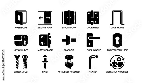 Icons of various door mechanisms and hardware components in black silhouette