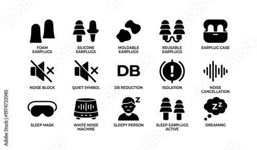 Various earplugs and noise reduction symbols for sleep and sound isolation