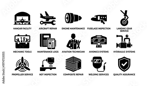 Aviation maintenance icons: tools, services, and systems