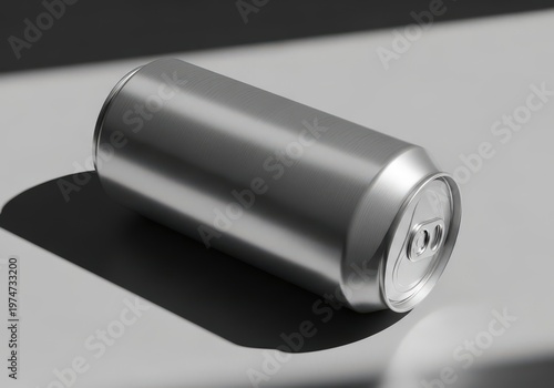 A single blank metallic aluminum soda can lying horizontally against a plain neutral background