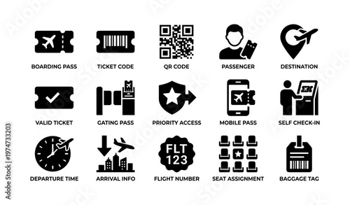 Travel icons collection: boarding pass, qr code, mobile pass, self check-in, baggage tag