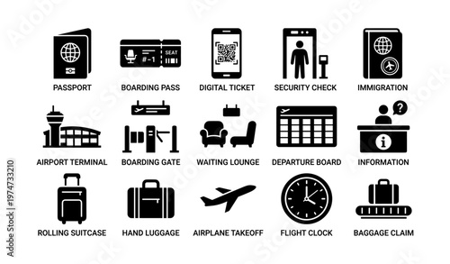 Airport travel icons set featuring passport boarding pass and luggage