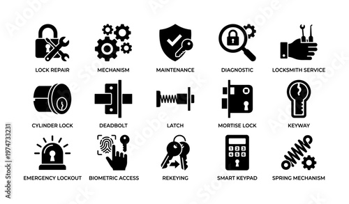 Locksmith tools and security icons featuring locks, keys, and repair symbols