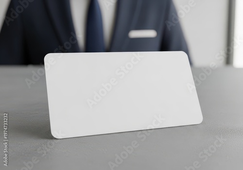 A blank white business card standing on a grey desk with a professional person in background.