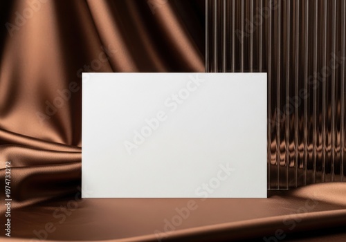 A blank rectangular sign displayed on a dark surface with elegant bronze and black curtains backdrop