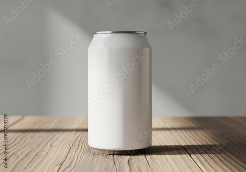 A blank white metal beverage can standing on a rustic wooden table in a minimalist studio setting