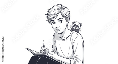 Boy writing in notebook with a ferret on his shoulder