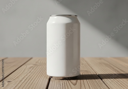 A blank white metal beverage can standing on a rustic wooden table for professional branding mockups