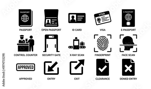Passport and travel security icons: visa, id, fingerprint, and more