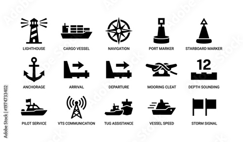 Maritime symbols: navigation, anchors, and signals in black silhouette icons