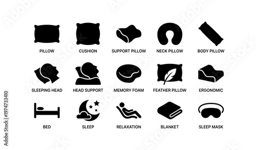 Pillow icons set: cushion, support, neck, memory foam, ergonomic designs