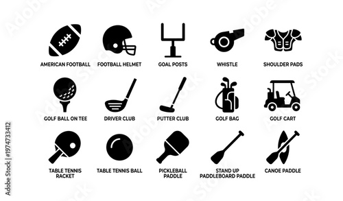 American football and golf equipment icons set with paddles