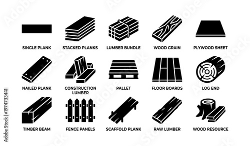 Silhouette icons of lumber and wood materials: planks, logs, and beams