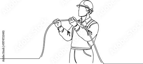 Continuous one line of an electrician holding a cable, symbolizing field technical skills, style hand drawing vector illustration.