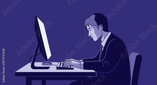 Businessman working late on computer at desk in dark office