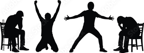 Silhouette set of men showing different emotions including victory success despair and sadness for mental health and human behavior concepts