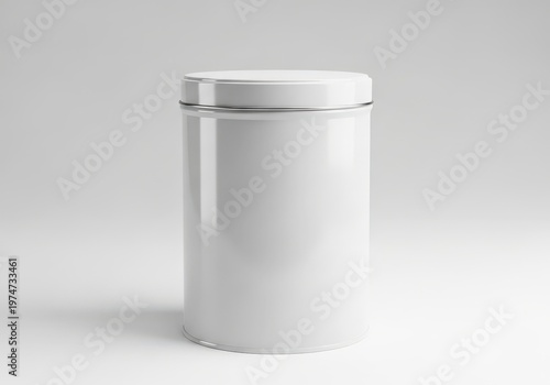 A single white metal canister mockup isolated against a clean and minimalist light grey background