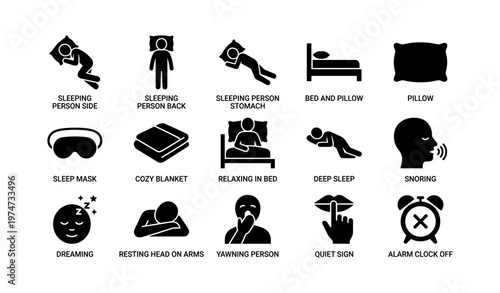 Sleep icons set: bed, pillow, relaxing, snoring, alarm, mask, blanket