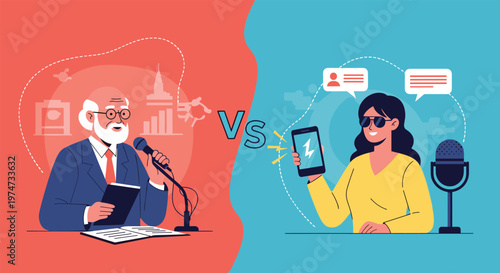 Illustration comparing traditional radio broadcasting with an older man and modern podcasting with a woman using a phone.