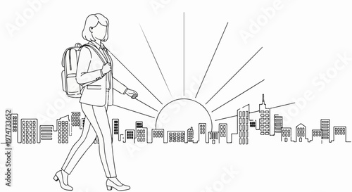 A person with a backpack walks across a city skyline at sunrise