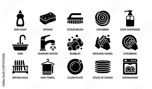 Dishwashing essentials: soap, sponge, scrub brush, and more icons