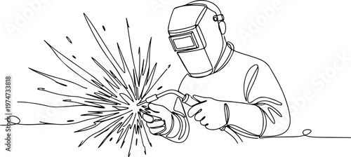 Continuous one line of a welder with sparks, symbolizing industrial skills, style hand drawing vector illustration.
