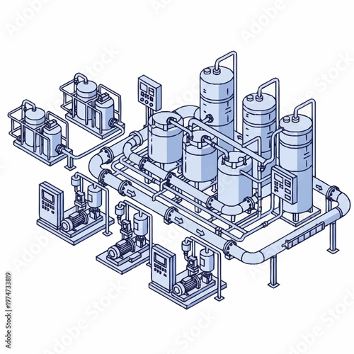 Industrial Water Treatment Plant Equipment Illustration.
