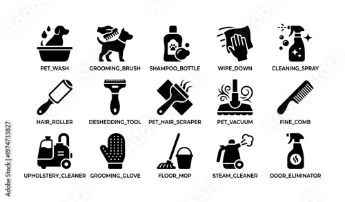 Pet grooming and cleaning tools icons collection