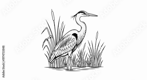 A black and white drawing of a heron standing in reeds and shallow water