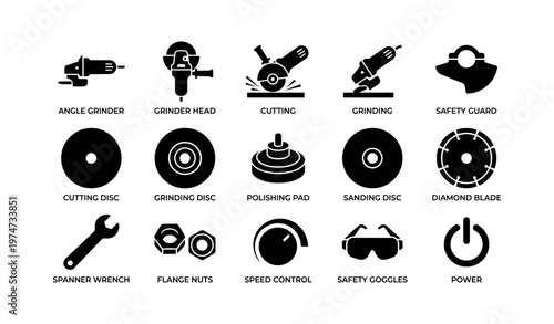 Tool and accessory icons: disc grinder, cutting disc, diamond blade, spanner, and more