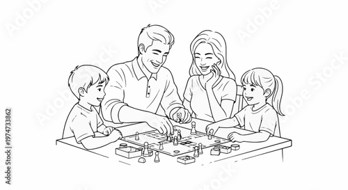 A family of four happily plays a board game together