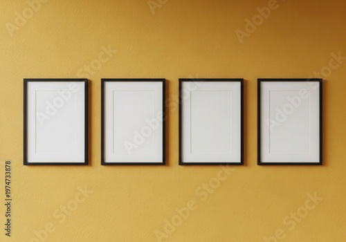 Four empty black picture frames hanging in a straight horizontal line on a textured gold wall