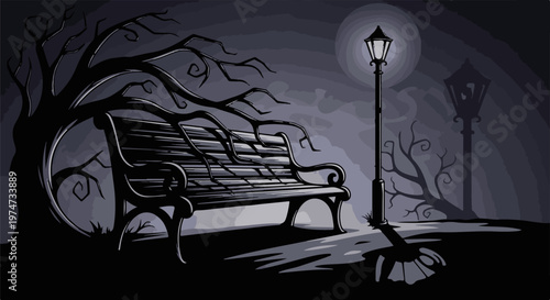 A lonely park bench sits under a bare tree with a lamppost nearby at night