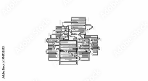 Abstract illustration of stacked rectangular forms connected by flowing lines