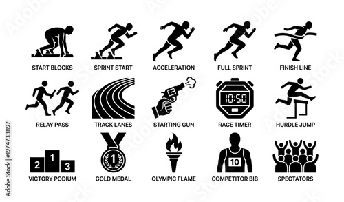 Track and field icons: sprint, relay, hurdles, victory, spectators