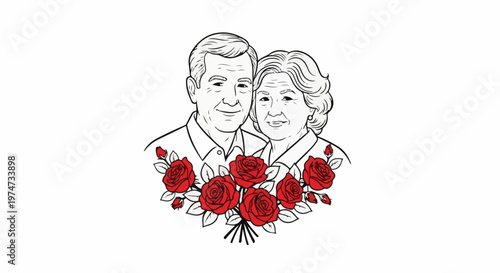 A black and white line drawing of a smiling elderly couple with a bouquet of red roses