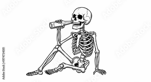 A skeleton sits on its side, holding a bottle to its mouth